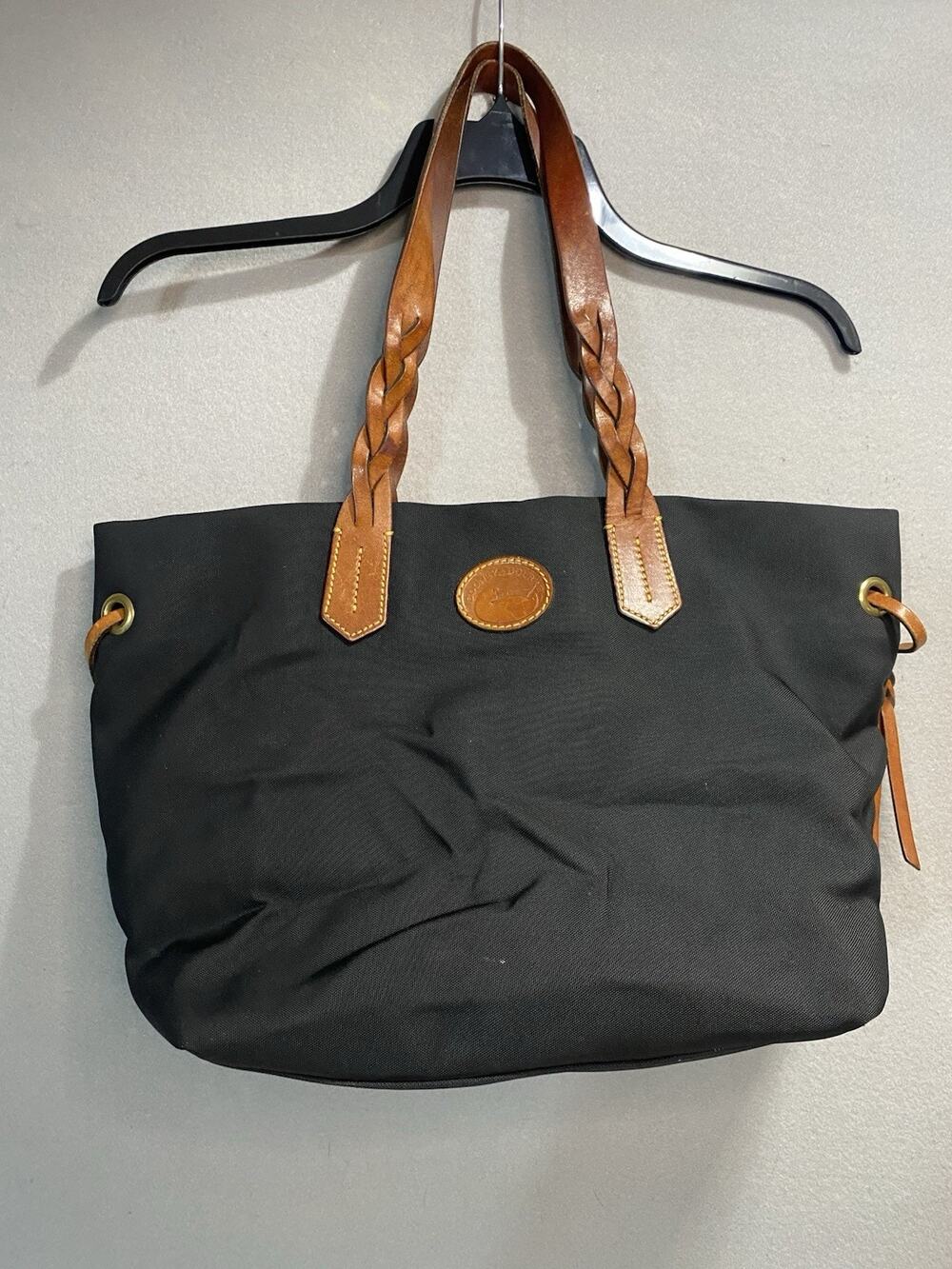 Dooney & Bourke Black Nylon Shopper Tote Bag Brown Braided Leather Handles